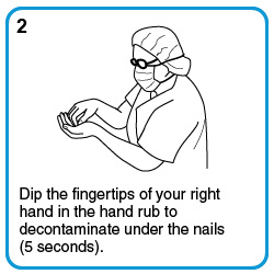 Dip the fingertips of your right hand in the hand rub to decontaminate under the nails (5 seconds).
