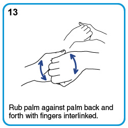 Rub palm against palm back and forth with fingers interlinked.