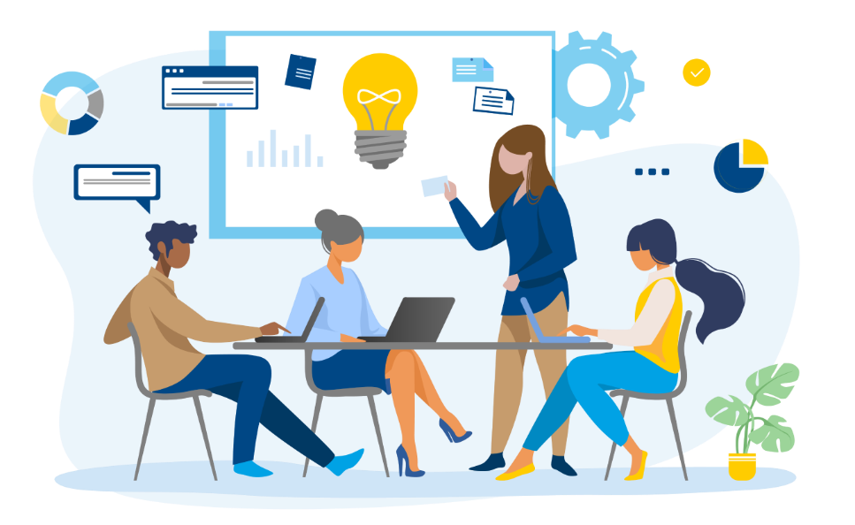Staff sitting at a meeting watching a whiteboard